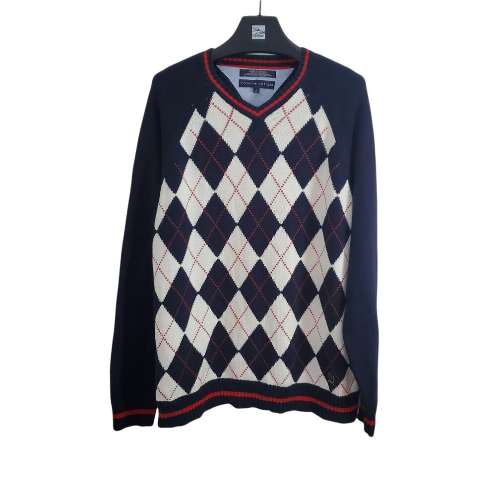 Vintage Tommy Hilfiger Argyle Sweater Pullover V Neck Blue Red White Cotton L